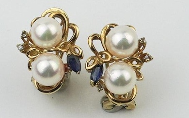 14KYG Pearl, Sapphire and Diamond Earrings