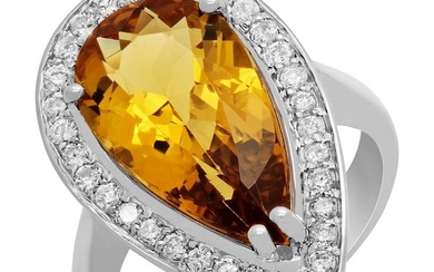 14k White Gold 5.31ct Yellow Beryl 0.66ct Diamond Ring