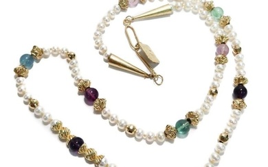 14k Yellow Gold Cultured Pearl Amethyst and Emerald Single Strand Necklace