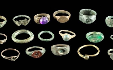 17 Roman Brass, Bronze, Glass, & Amethyst Rings
