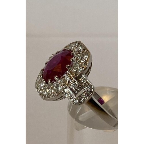 18 Carat White gold Burmese Ruby and Diamond Cluster Ring .R...