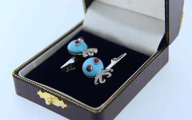 18 kt. White gold - Cufflinks - 12.00 ct Turquoise - Diamond, Rubys, Turquoise