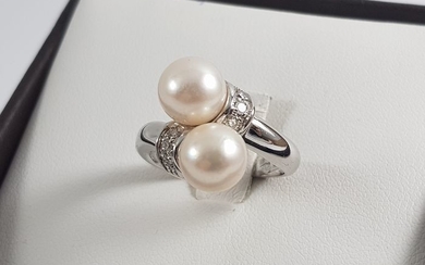 18 kt. White gold - Ring Akoya Pearls - Diamonds