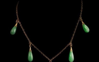 18K GOLD NECKLACE WITH DISC AND "DROPS" JADE...