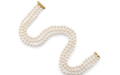 18K Gold and Diamond Triple Strand Pearl Necklace
