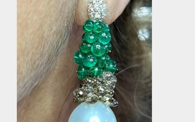 18K Yellow Gold South Sea Pearl Emerald and Diamond Earrings