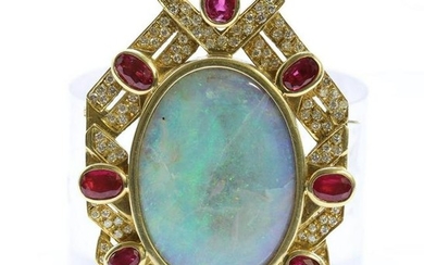 18KY Gold Opal Ruby and Diamond Brooch