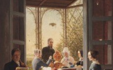 1918/11 - Gustav Theodor Wegener: The artist's family is drinking tea on the veranda. Inscribed on the reverse Wegener. Oil on canvas. 57.5 x 44.5 cm.