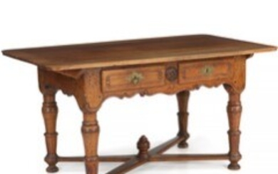 1918/111 - A French walnut and oakwood dining table with owners' initials and date, "1799". H. 77 cm. L. 148 cm. D. 78 cm.