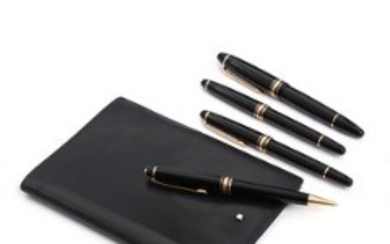 1918/1211 - Montblanc: Meisterstück. Four fountain pens with 14k gold nibs andetui pencil. And black leather case. Pens L. 13.5-14. Case L. 17 cm. (5)
