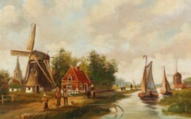 1927/111 - Dutch painter, 20th century: Landscape with a mill, ships and persons. Signed Tv. Kleijn. Oil on canvas. 30 x 40 cm.