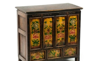 19th C. Tibetan Hand-Painted Lotus Motif Petit Cabinet