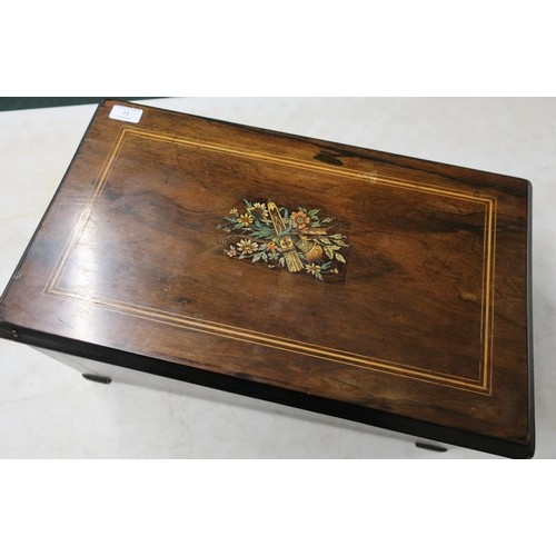 19th C rosewood inlaid cased musical table box with wind up ...