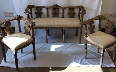 19th Century Hand Carved 3 Piece Parlor Set