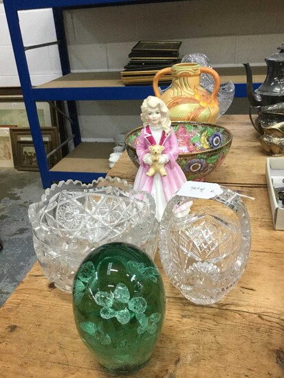 19th Century Stourbridge glass dump weight, together with a Royal Doulton figure 'Faith' HN3082, a Malling bowl and cut glass wares