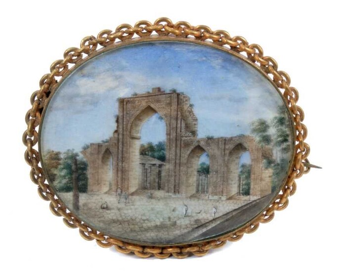 19th century Indian miniature watercolour set as a brooch in yellow metal mount