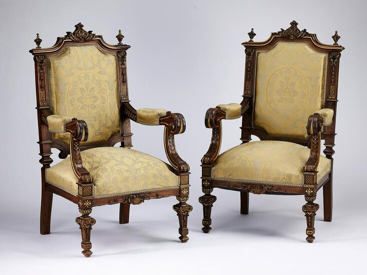 (2) 19th c. parcel gilt walnut armchairs in silk