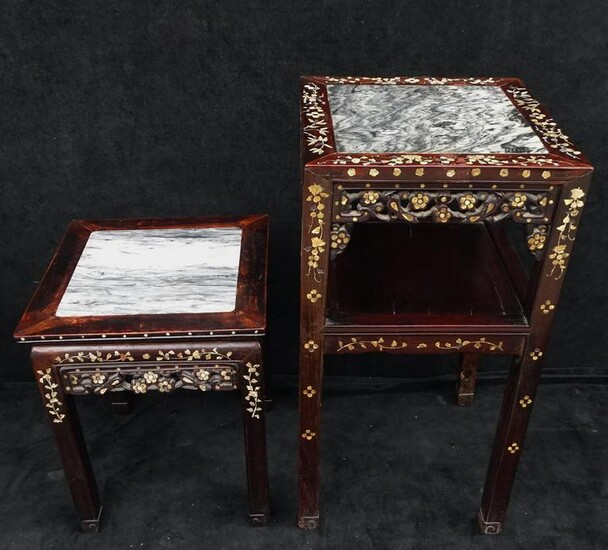 2 MOTHER OF PEARL INLAID ASIAN ROSEWOOD MARBLE TOP