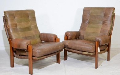 2 Mid Century Patchwork Leather Lounge Chairs
