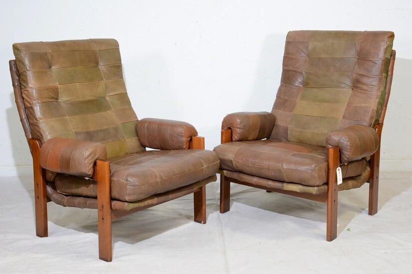 2 Mid Century Patchwork Leather Lounge Chairs