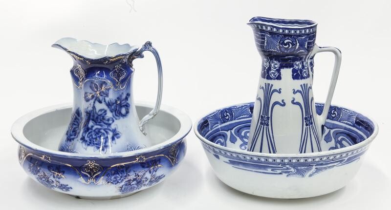 (2) Nice Victorian flow blue bowl and pitcher sets