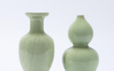 2 PC CHINESE CELADON VASES DOUBLE GOURD & BALUSTER