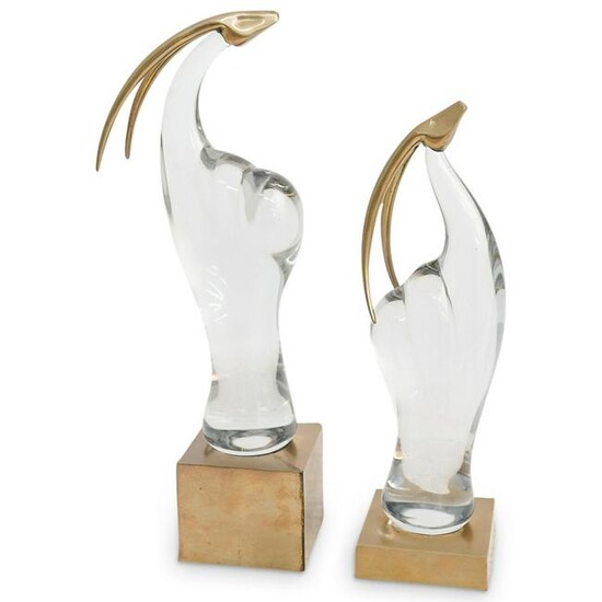 (2 Pcs) Antelope Brass & Glass Sculptures