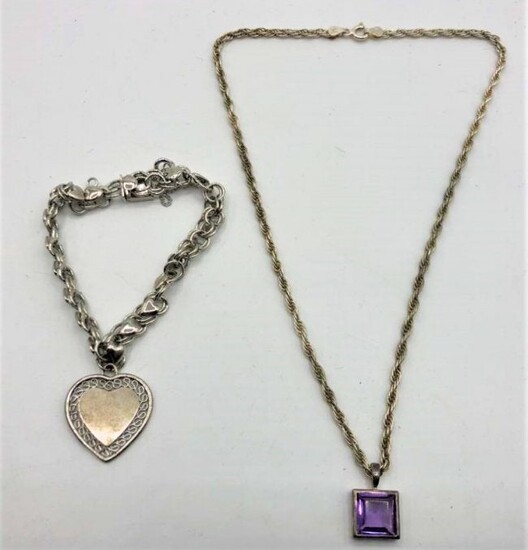 2 Pcs Sterling Necklace Amethyst Pendant Heart Bracelet