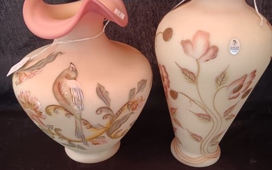 2 Signed Fenton Large Pink Burmese Hand Painted & Signed Vases