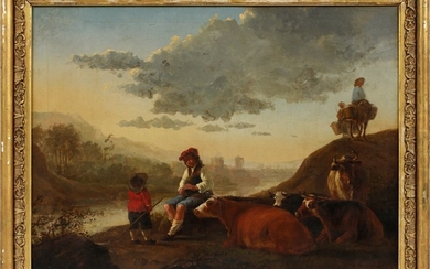 STUDIO OF AELBERT JACOBSZ CUYP OIL ON CANVAS 22.5 30 RIVER LANDSCAPE WITH BAGPIPE PLAYER