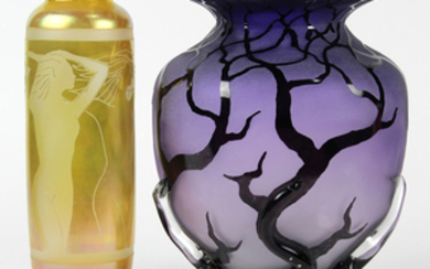 Art glass vase group, consisting of a Bernard Katz vase having a frosted amethyst stylized tree form body, signed at base...