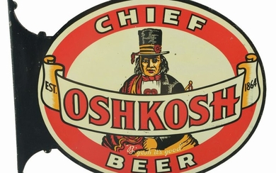 CHIEF OSHKOSH BEER TIN ADVERTISING FLANGE SIGN.