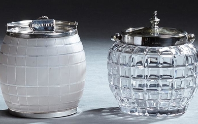 Two English Silverplate Mounted Biscuit Barrels, 20th