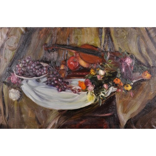 20th Century English School. A Still Life of Fruit and Flowe...
