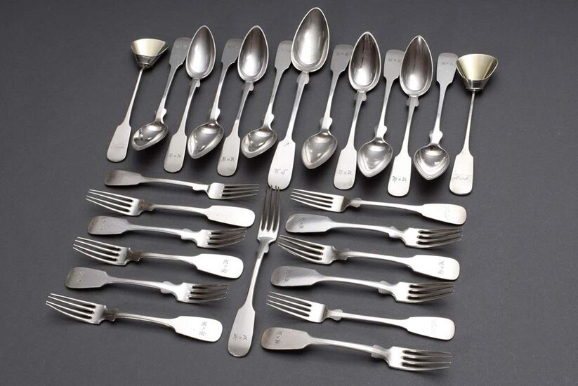 26 Various pieces of "Spatenmuster" cutlery with different monograms "H.v.K.", "C.v.S" and "P.R.", mostly MM: IAL/RH, Beschau: Breslau 1845 and jeweller's mark J.M. Schlamann, German end of 19th century, silver/silver 800, 1033g, consisting of: 1...