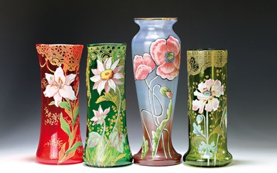 4 large Art Nouveau vases, France, around 1900, green, red...