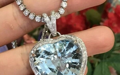 40 ct Heart Shape Aquamarine and Diamond Pendant in 18k