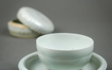 Group of Chinese Qingbai Glazed Ceramics: Box, Cup, Dish