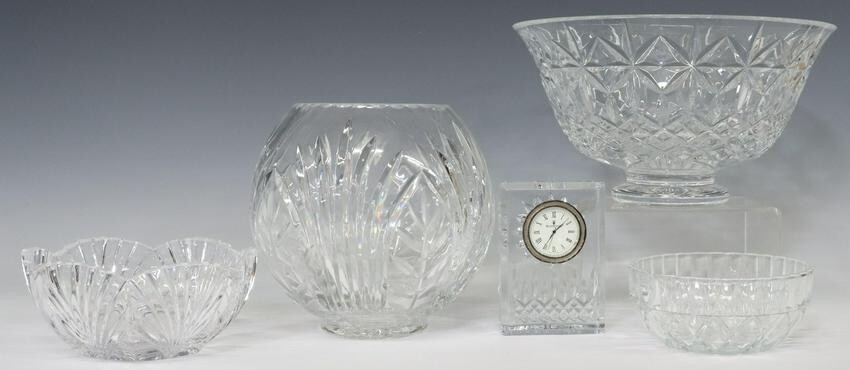 (5) CUT & MOLDED GLASS TABLE ITEMS WATERFORD CLOCK