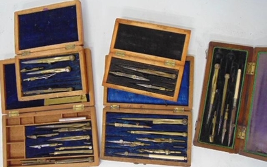 5 Drafting Sets, Unsigned, Wood cases, Bone, brass
