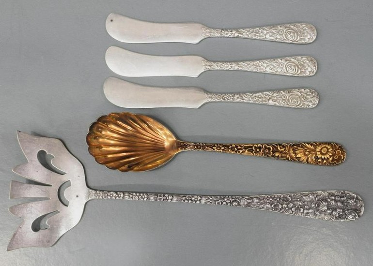 5) KIRK & STIEFF FLORAL REPOUSSE STERLING FLATWARE