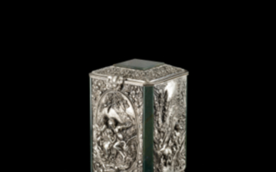 A decorated silver and green stone tea caddy. Milan, half 20th century (h. cm 15x5 ca.) (gr 1150 ca.) (minor...