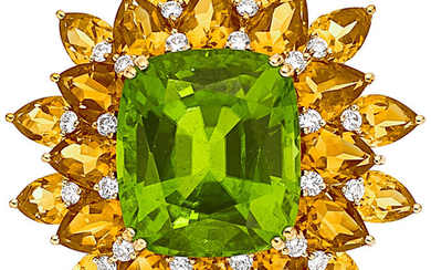Peridot, Citrine, Diamond, Gold Clip-Brooch The clip-brooch features...