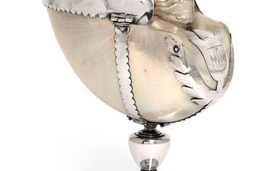 A silver-mounted nautilus shell cup, maker's mark only, W incorporating two vertical lines or two arrowheads side by side in a shield-shaped punch, English, first quarter of the 17th century