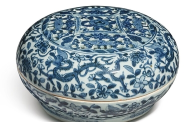 A PIERCED BLUE AND WHITE 'DRAGON' SWEETMEAT BOX AND COVER WANLI MARK AND PERIOD