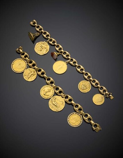 Two yellow gold marine chain bracelets with coins and