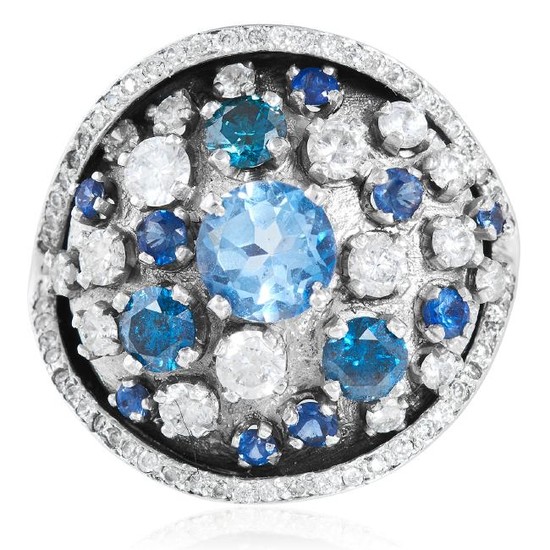 AN AQUAMARINE, BLUE DIAMOND, SAPPHIRE AND DIAMOND RING