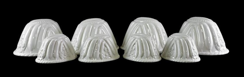 8 White Pottery Jello Molds - 4 Large, 4 Small