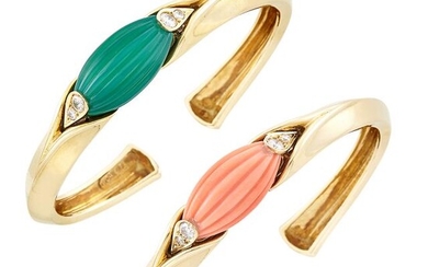 Pair of Gold, Fluted Coral and Green Chrysoprase and Diamond Bangle Bracelets, Van Cleef & Arpels, France