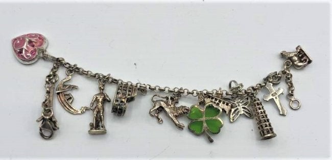 .925 Sterling Silver Charm Bracelet with 12 Charms